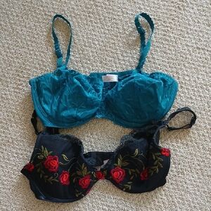 Two Victoria's Secret Teal and Black Floral Embroidered Bras- 34D